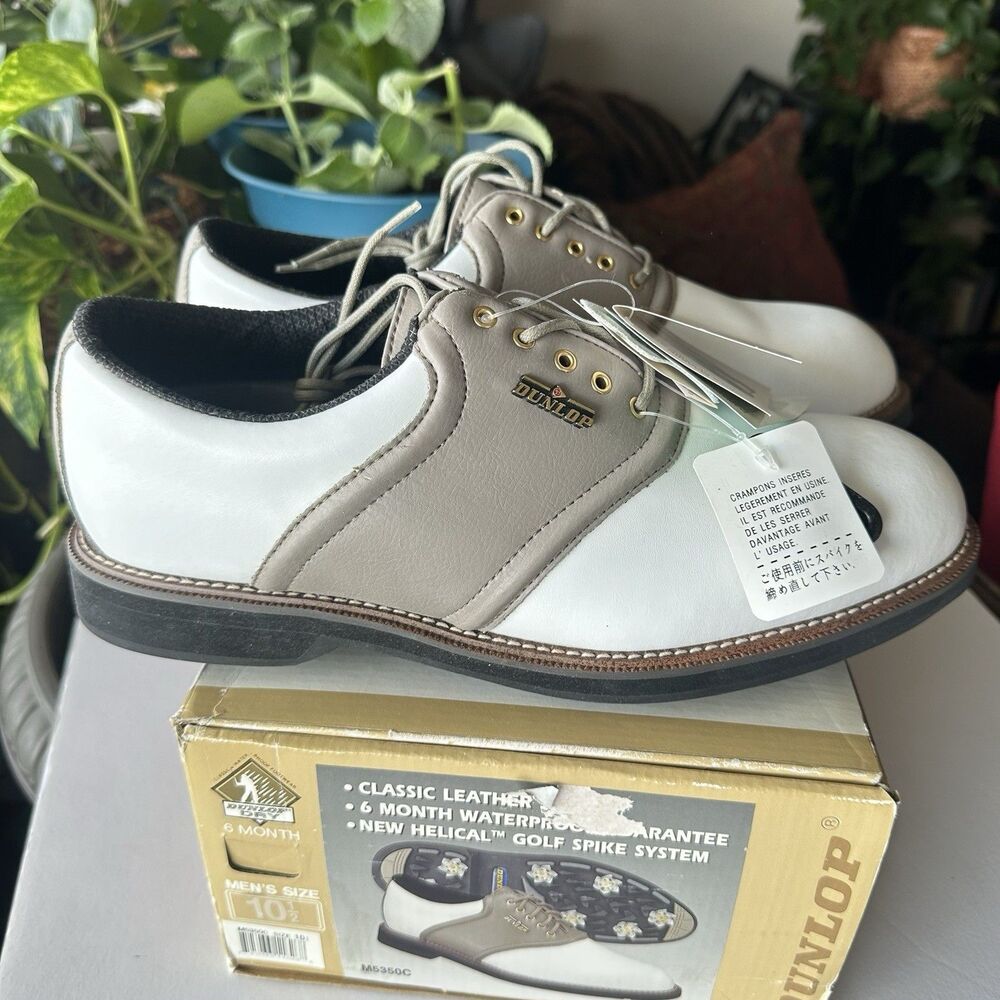 Dunlop Dry Men's 10.5 Classic Leather Saddle Helical Golf Spike System Shoes NEW